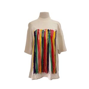 PALM ANGELS X MISSONI Off White Rainbow Knitted Fringe Oversized T-shirt Sz  M/L